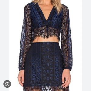 For Love And Lemons Blue Long Sleeve Crop Blouse